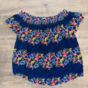 Old Navy Off-the-Shoulder Top Women's M Blue Floral Boho Short Sleeve Blouse